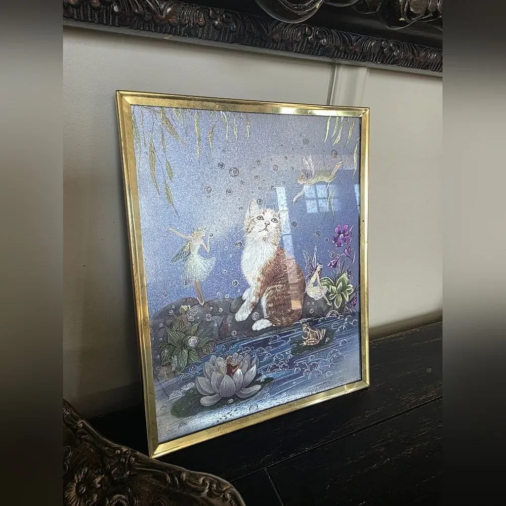 Jean Henry Cat and Fairies Dufex Foil Art Gold Framed Vintage Fantasy